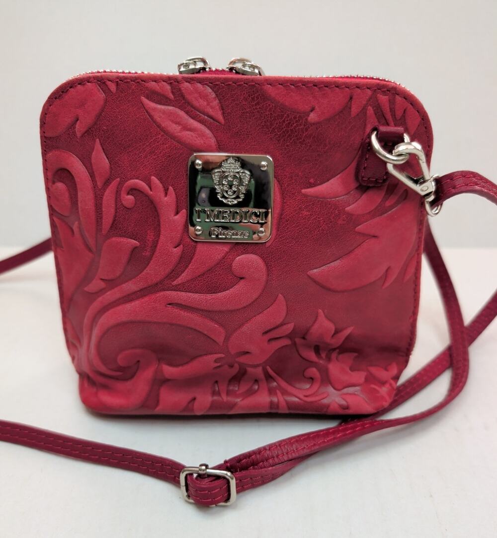 I Medici Firenze Leather Red Embossed Tooled Crossbody Handbag Small Italy